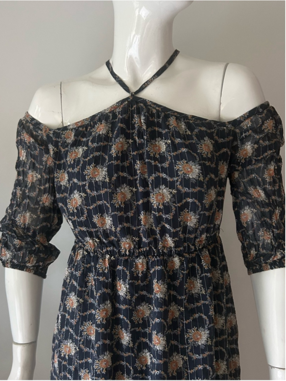 Club Monaco silk Floral Off-Shoulder Midi Dress with Halter Strap - Picture 4 of 10